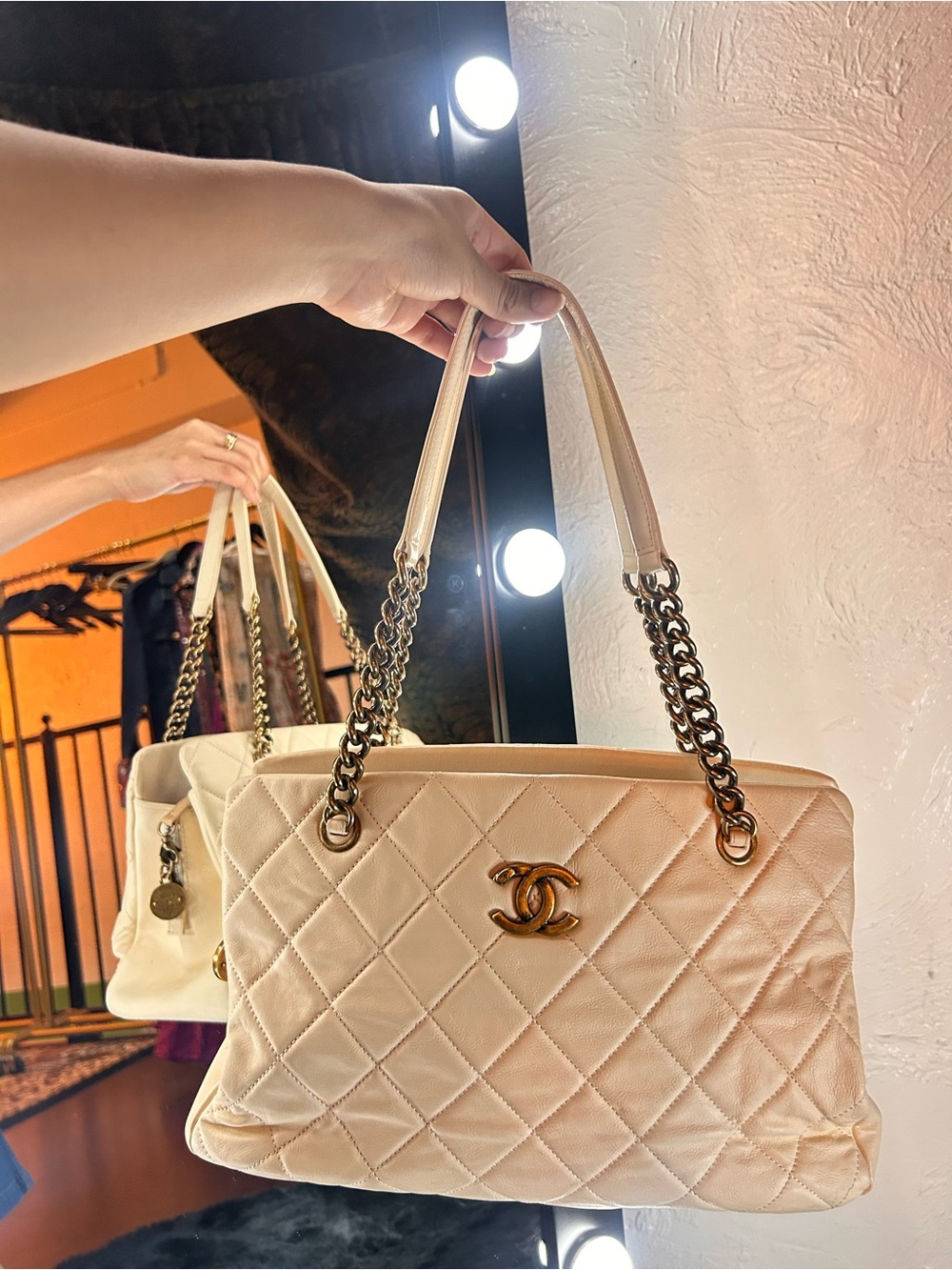 CHANEL Cream Quilted Double-Chain Shoulder Bag